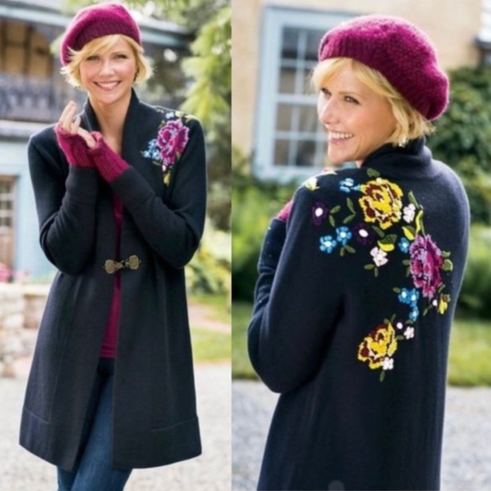 Soft‎ Surroundings La Vie En Rose Cardigan Embroidered Floral in Black
